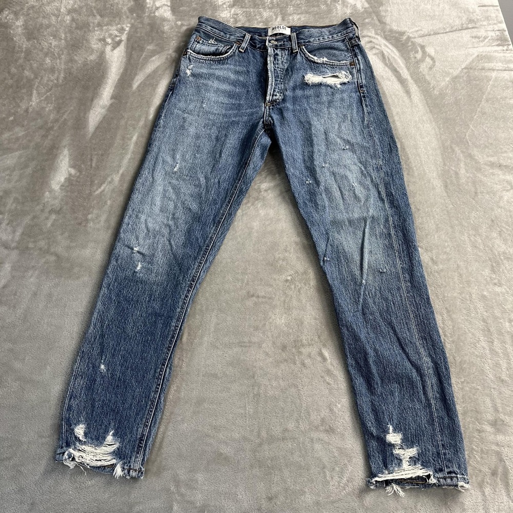 AGOLDE Jayne Jeans Womens 26 Blue High Rise Straight Distressed‎ Raw Hem 26x27.5